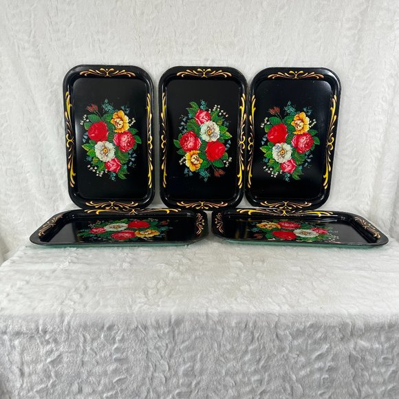 Vintage Set (5) Metal Toleware Snack Tip Tray Hand Painted Floral Flowers 1950's - Picture 2 of 9